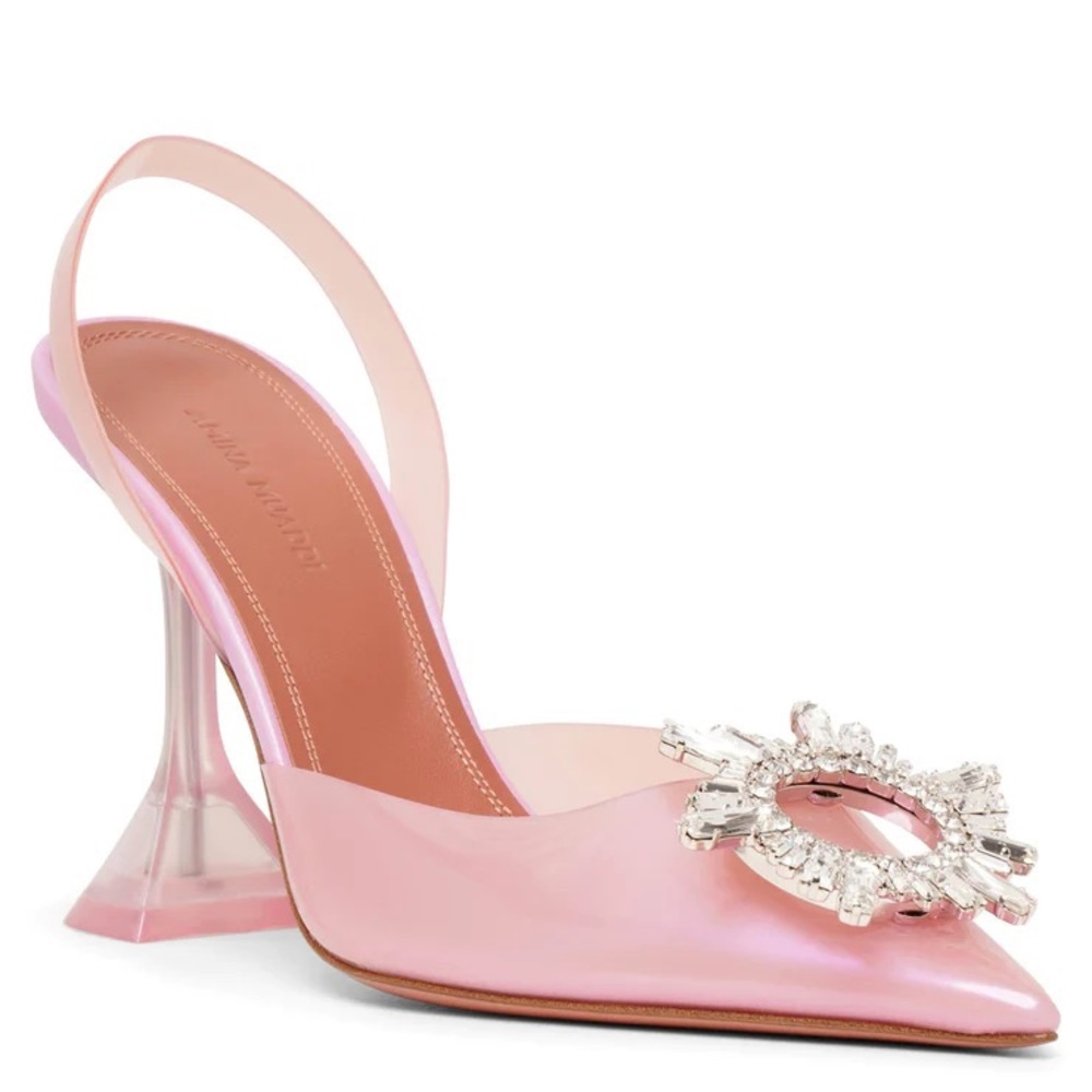 Authentic Amina Muaddi Begum Glass Sling PVC Galaxy Pink Heels